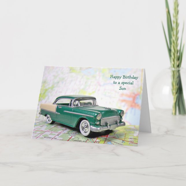 Carte Voiture rétro pour l'anniversaire du fils (Devant)