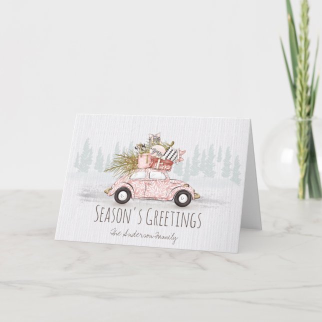 Carte Voiture rose d'hiver Accueil famille (Devant)