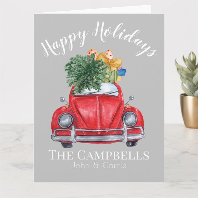 Carte Voiture rouge et arbre de Noël personnalisable (Petite plante)