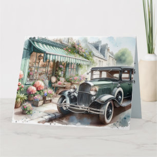 Carte Voiture Vintage et Charming Flower Shop Aquarelle