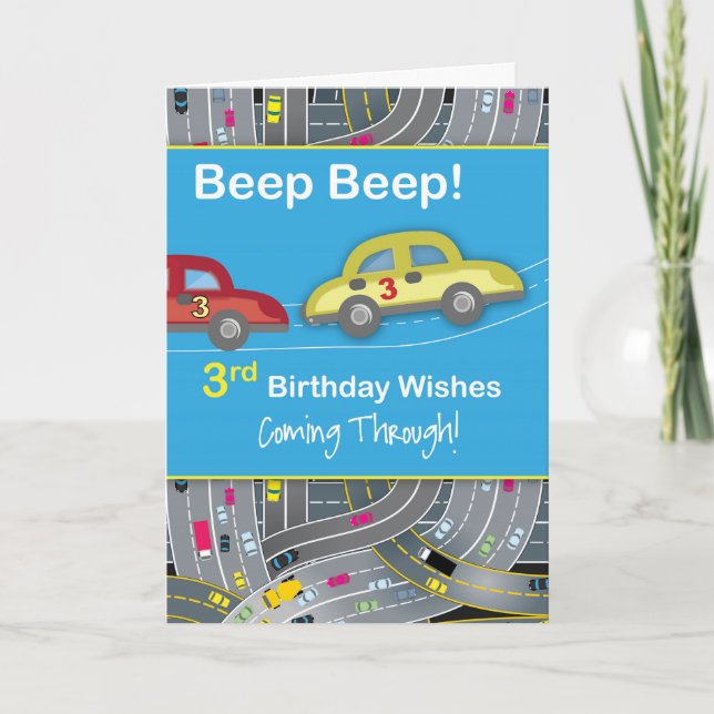 Carte Voitures pour garçons d'anniversaire, bleu (Devant)