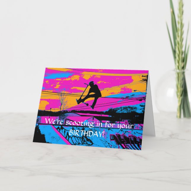 Carte "Volons !" Scooter volant haut (Devant)