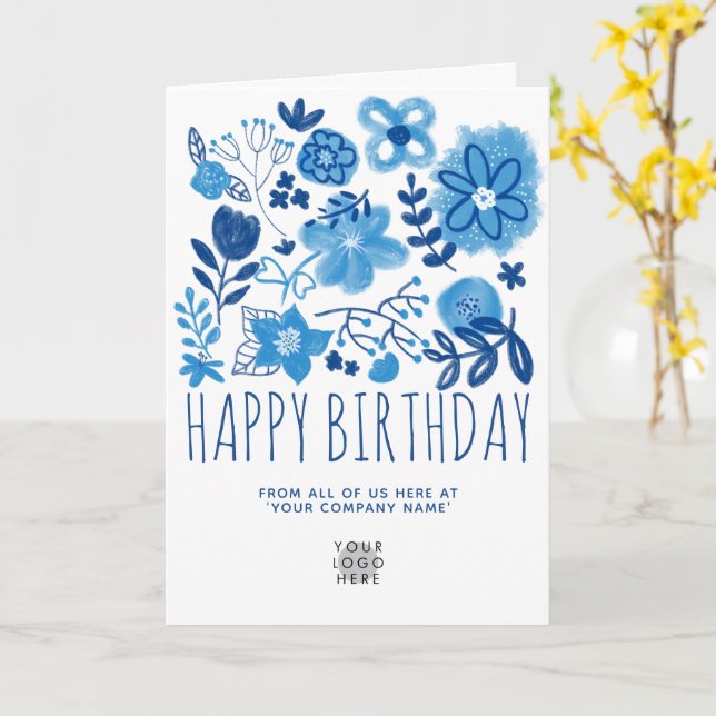 Carte Votre logo Fleurie Bleue Marine Joyeux anniversair (Fleur jaune)