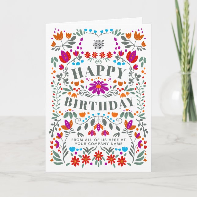 Carte Votre logo Whimsical Folk Flowers Business Anniver (Devant)
