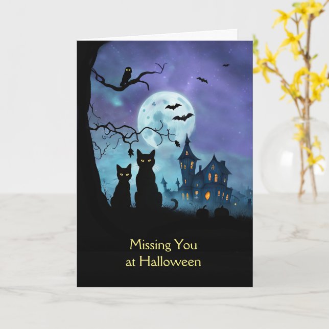 Carte Vous manquez à Halloween Cute Cats Owl Bats (Fleur jaune)