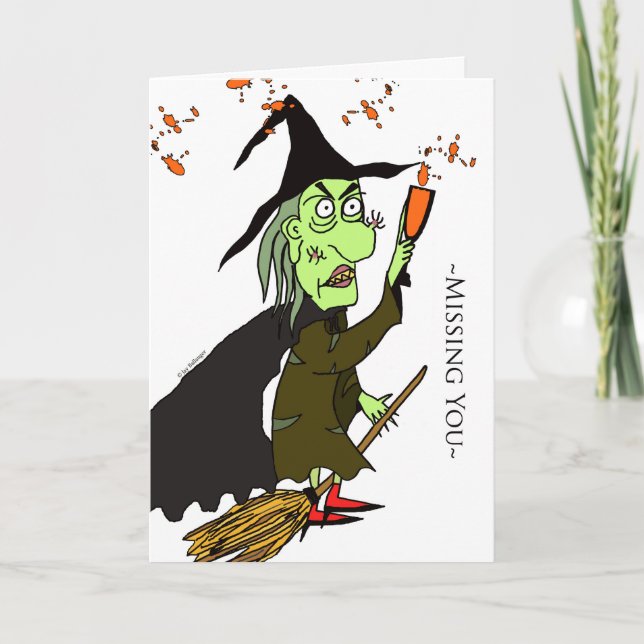 Carte Vous manquez pour Halloween, sorcière verte et pot (Devant)