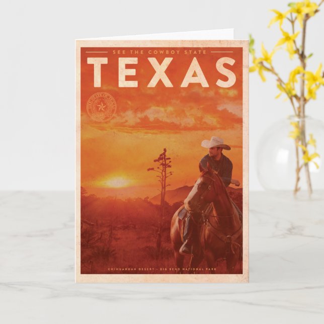 Carte Voyage vintage Texas Cowboy (Fleur jaune)