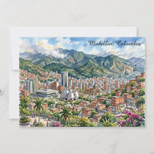 Carte Vue panoramique de Medellín, Colombie, art à l'aqu