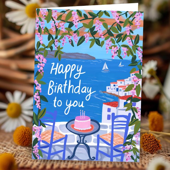 Carte Vues de la terrasse de Grèce Art peinture Joyeux A (Greece Terrace Island Views Art Painting Happy Birthday Card
)