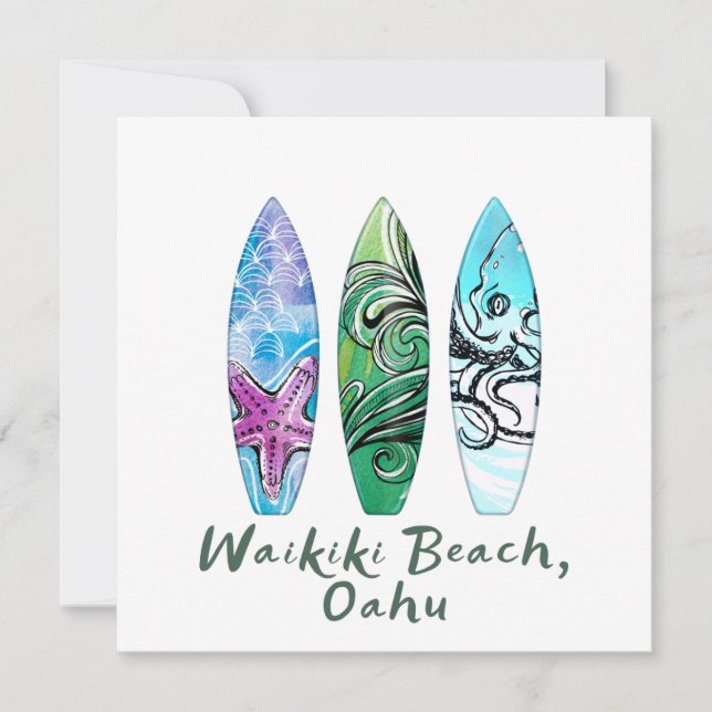 Carte Waikiki Beach Oahu Watercolor Surboards Carré (Devant)