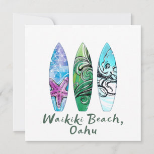 Carte Waikiki Beach Oahu Watercolor Surboards Carré