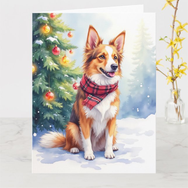 Carte Watercolor Australian Shepherd Glowing Christmas (Fleur jaune)