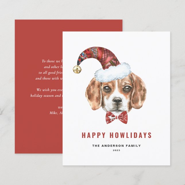 Carte Watercolor Beagle Père Noël Happy Howlidays (Devant / Derrière)