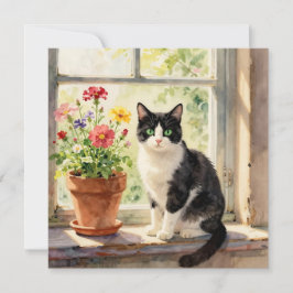 Carte Watercolor Cat and Flower Themed Blank