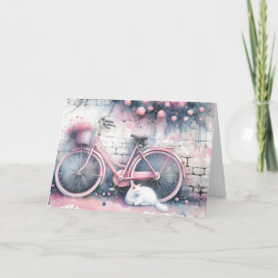 Carte Watercolor Chat et Vélo rose