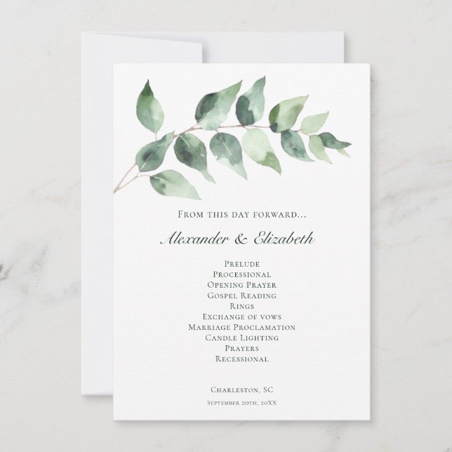 Carte Watercolor Eucalyptus Wedding | White Program (Devant)