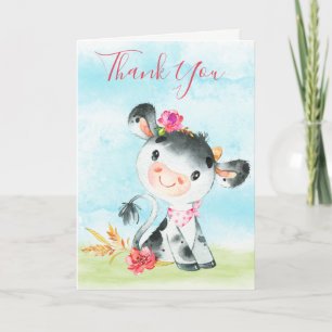 Carte Watercolor Girl Cow Farm Thank You