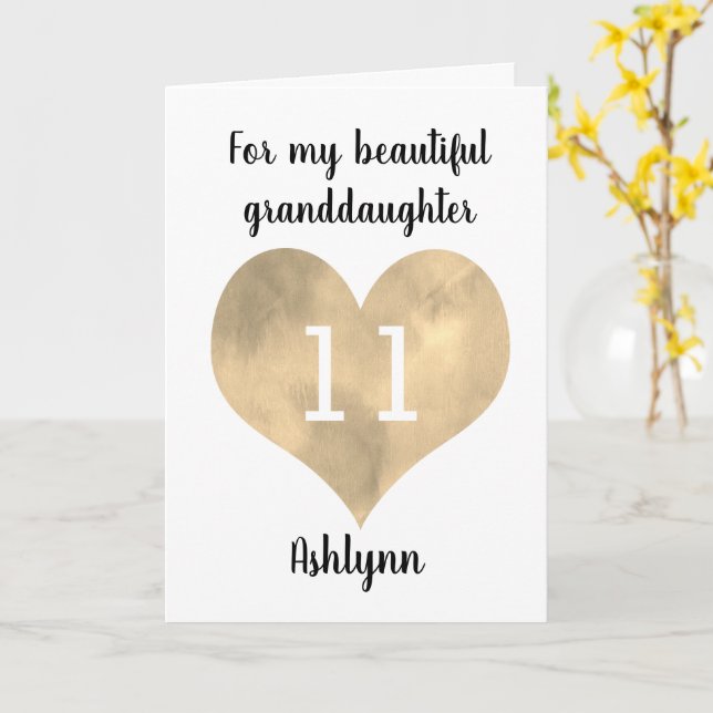 Carte Watercolor Gold Heart 11e anniversaire Grandgirl (Fleur jaune)
