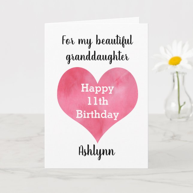 Carte Watercolor Heart Happy 11th Birthday Grandgirl (Petite plante)