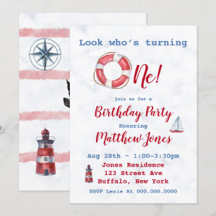 Carte Watercolor Nautical Boy 1er anniversaire Invitatio
