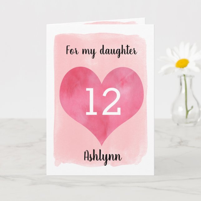 Carte Watercolor Pink Heart 12th Birthday (Petite plante)