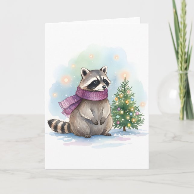 Carte Watercolor Raccoon Cute Winter Woodland Holiday (Devant)