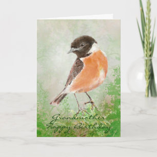 Carte Watercolor Stonechat  Bird Happy Birthday Grandma