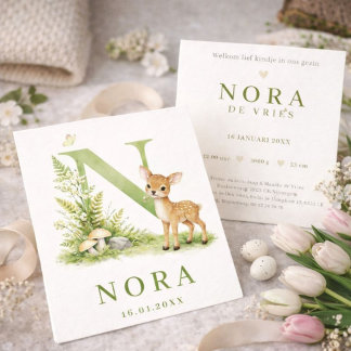 Carte Waterverf Hert Monogram N Geboortekaartje