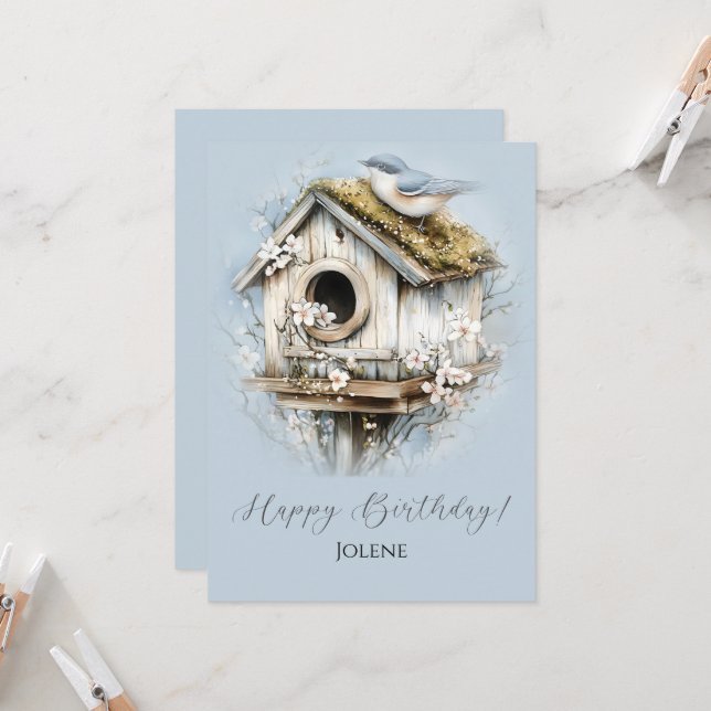 Carte Weathered Birdhouse and Bird Happy Birthday | (Devant/Arrière en situation)