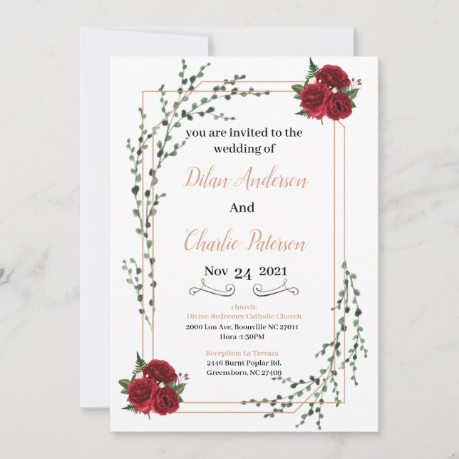 Carte Wedding Invitation, red rose  Gold  (Devant)