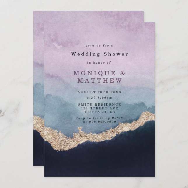 Carte Wedding shower d'agate d'aquarelle bleu violet (Devant / Derrière)