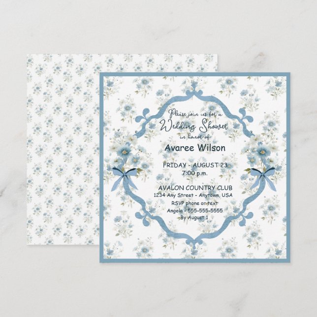 Carte Wedding Shower in Blue Floral (Devant / Derrière)