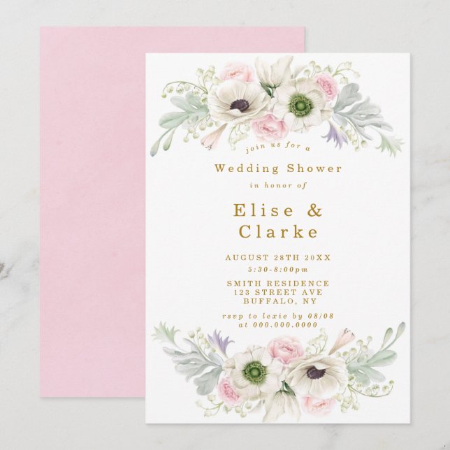 Carte Wedding shower or rose Peony Anemone Flower (Devant / Derrière)