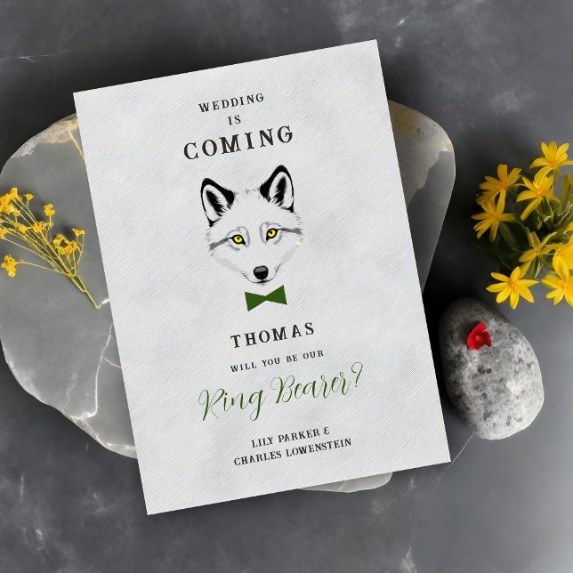 Carte Wedding Wolf Ring Bearer Grey Shades Green Bow Tie (Grey Shades Ring Bearer Proposal Card with Green Bow Tie Featuring Wedding Wolf Design. )