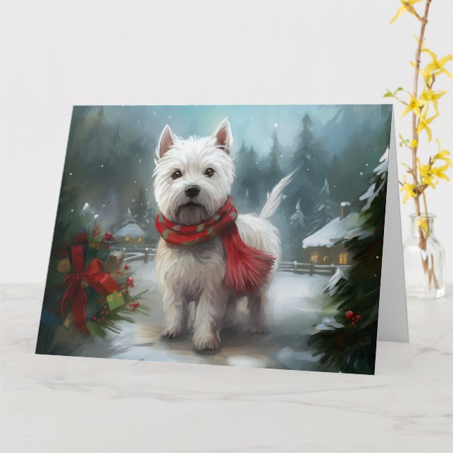 Carte West Highland White Terrier Dog dans la neige Noël (Fleur jaune)