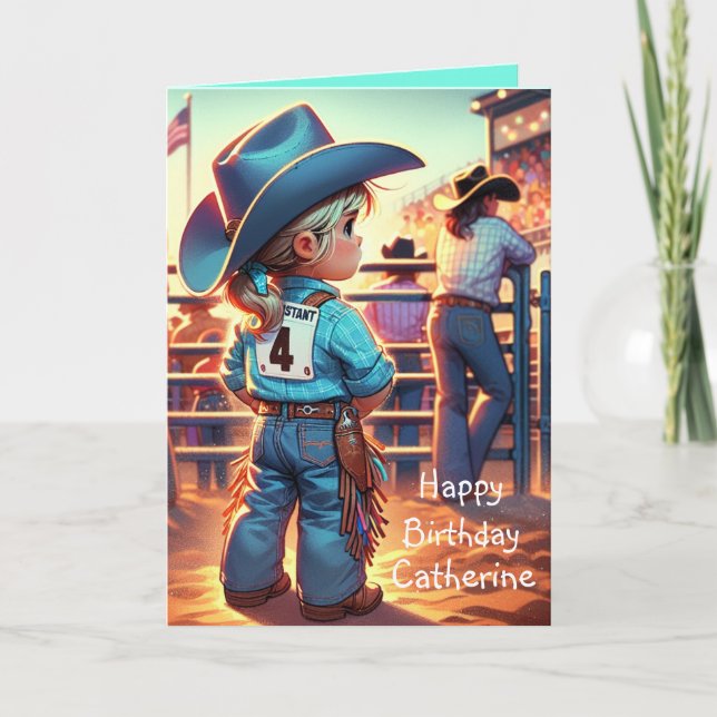 Carte Western Little Cowgirl 4e anniversaire Rodéo perso (Devant)