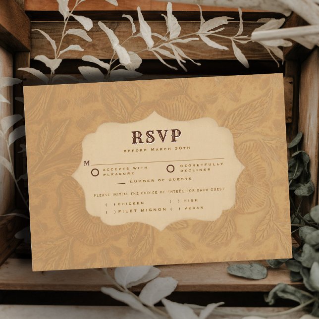 Carte Western Tooled Cream Terracotta Meal Wedding RSVP (country rustic cowboy wedding rsvp card faux tooled leather terracotta rust western barn)