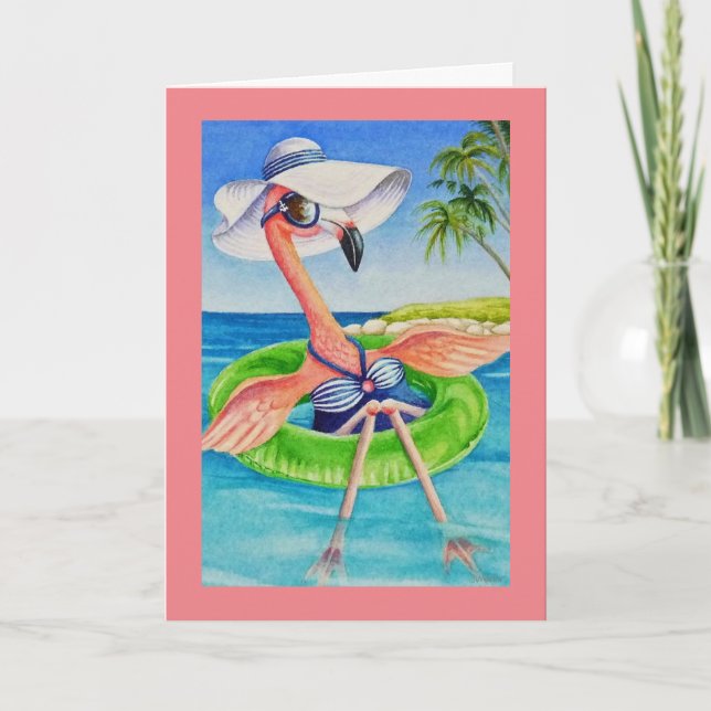 Carte Whimsical Beach Babe Flamant rose rose n° 3 Art (Devant)
