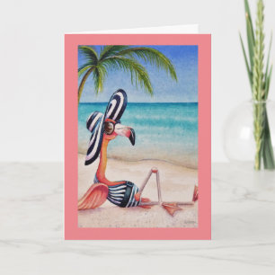 Carte Whimsical Beach Babe Flamant rose rose No 1 Art