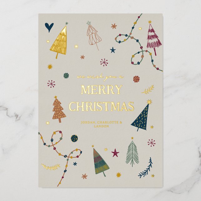 Carte Whimsical Boho Christmas Trees Gold (Recto)