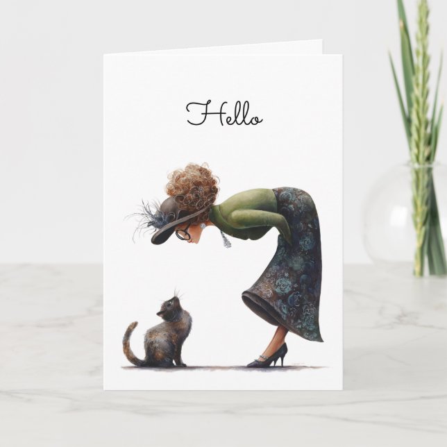Carte Whimsical Cute Chat et dame Bonjour Salutation (Devant)