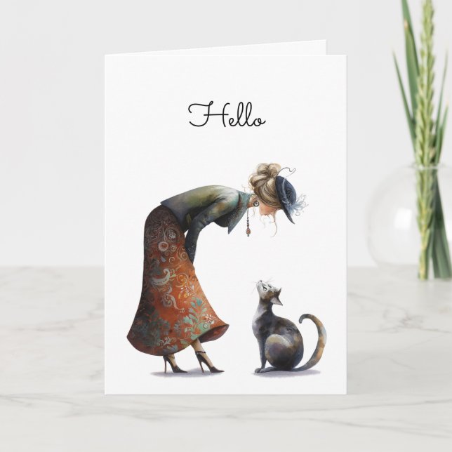Carte Whimsical Cute Chat et dame Bonjour Salutation (Devant)