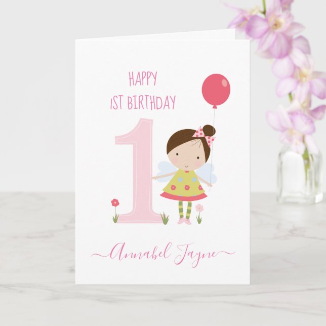 Carte Whimsical fée de premier anniversaire filles rose  (Orchidée)