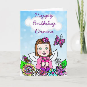 Carte Whimsical Folk Art Fairy Girl Joyeux anniversaire