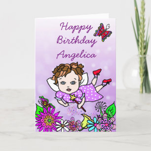 Carte Whimsical Folk Art Fairy Girl Joyeux anniversaire