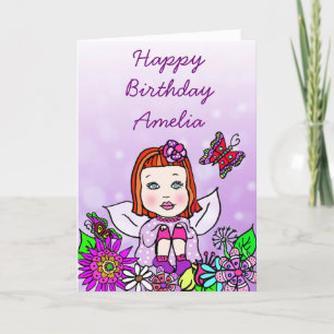 Carte Whimsical Folk Art Fairy Girl Joyeux anniversaire