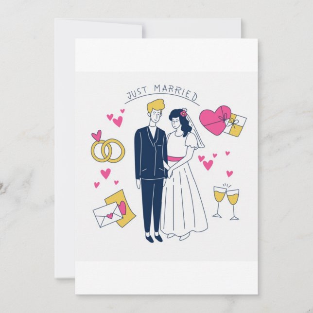 Carte Whimsical Hand-Drawn "Just Married" Couple  (Devant)