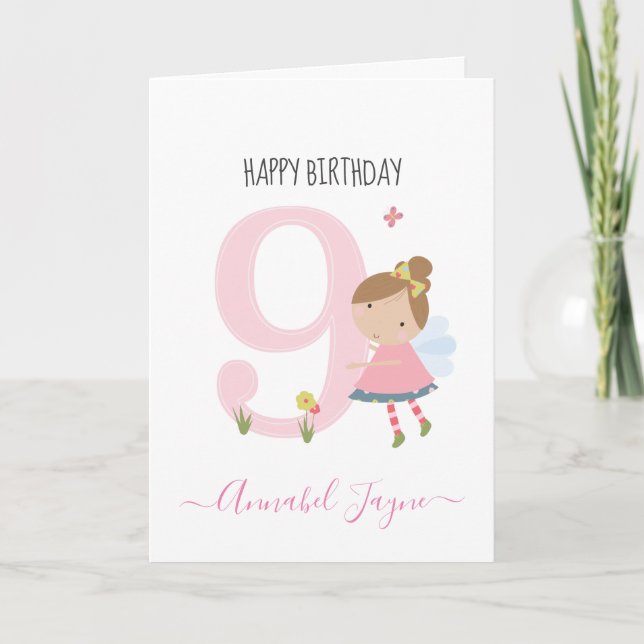 Carte Whimsical Neuvième anniversaire fée rose mignon (Devant)