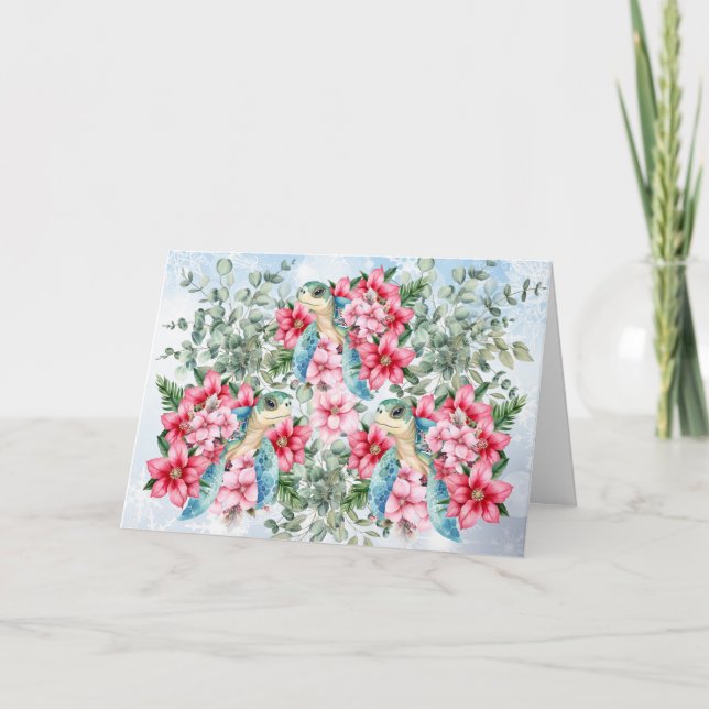 Carte Whimsical Pink Florals & Sea Turtle (Devant)