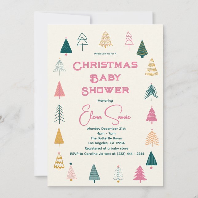 Carte Whimsical Pink & Green Christmas Tree Baby Shower (Devant)